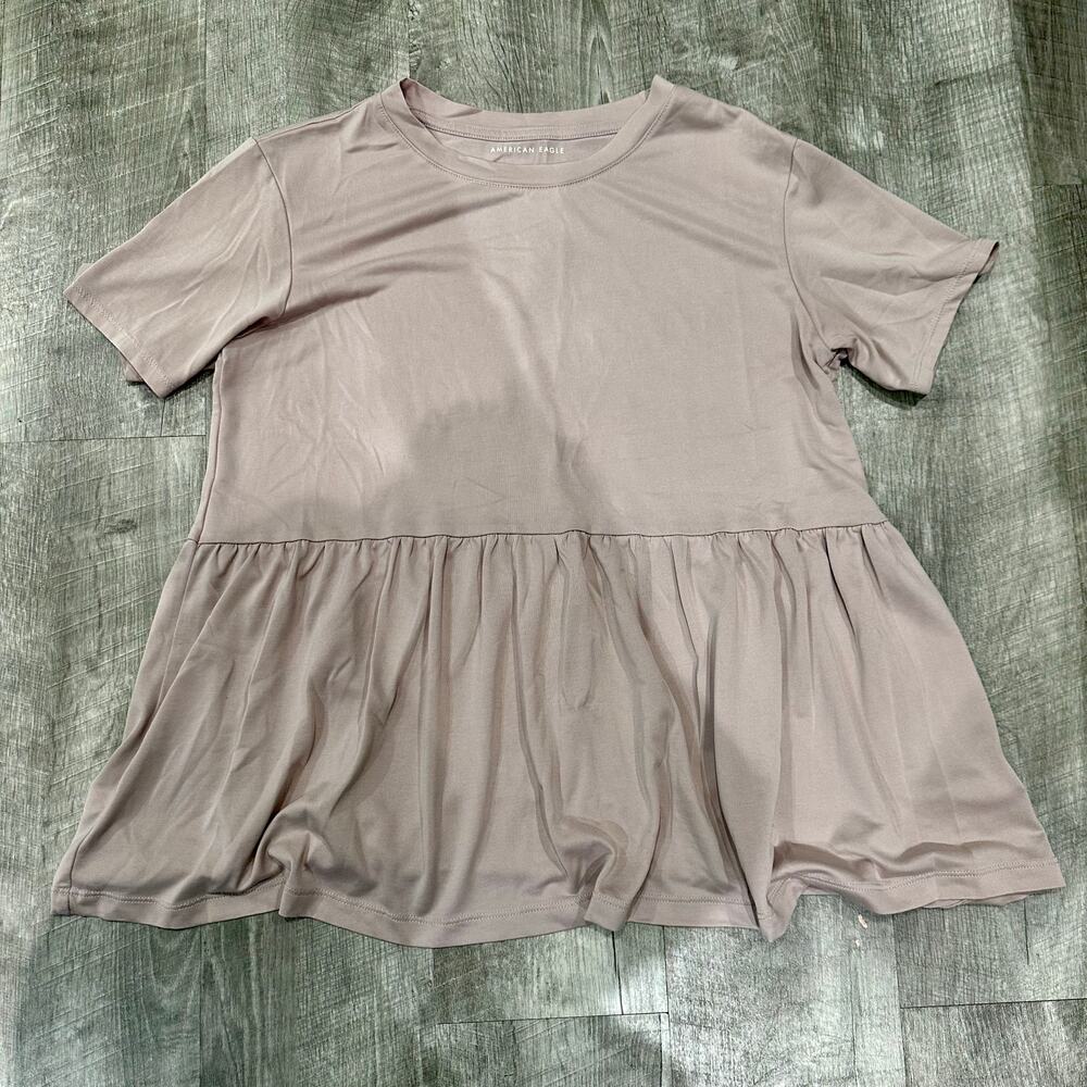 American Eagle Babydoll Top Short Sleeve‎ Blush Taupe Flowy Peplum Size S